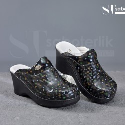 Ortopedik Siyah Puantiyeli Dolgu  Taban Sabo Terlik  