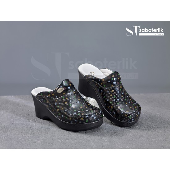 Ortopedik Siyah Puantiyeli Dolgu  Taban Sabo Terlik