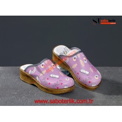 Ortopedik Lila Desenli Brown Sabo Terlik   Ortopedik Lila Desenli Brown Sabo Terlik