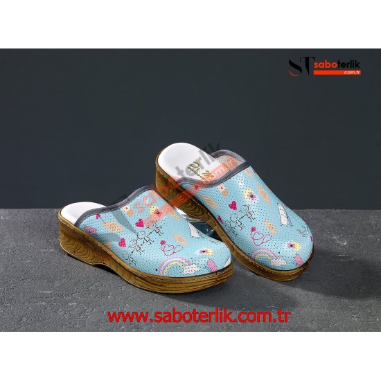 Ortopedik Turkuaz Desenli Brown Bayan Sabo Terlik