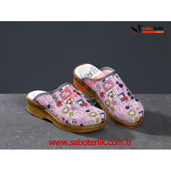 Ortopedik Lila Hayvan Figürlü Brown Bayan Sabo Terlik