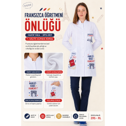 Fransızca öğretmeni kadın önlüğü orta boy alpaka 1. kalite beyaz önlük baskılı Fransızca öğretmeni kadın önlüğü orta boy alpaka 1. kalite beyaz önlük baskılı