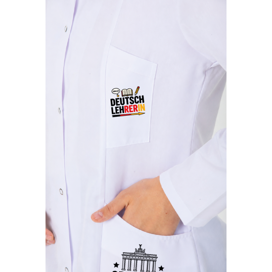 Almanca öğretmeni kadın önlüğü orta boy alpaka 1. kalite beyaz önlük baskılı Almanca öğretmeni kadın önlüğü orta boy alpaka 1. kalite beyaz önlük baskılı