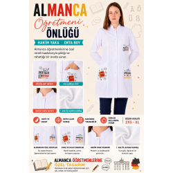 Almanca öğretmeni kadın önlüğü orta boy alpaka 1. kalite beyaz önlük baskılı Almanca öğretmeni kadın önlüğü orta boy alpaka 1. kalite beyaz önlük baskılı