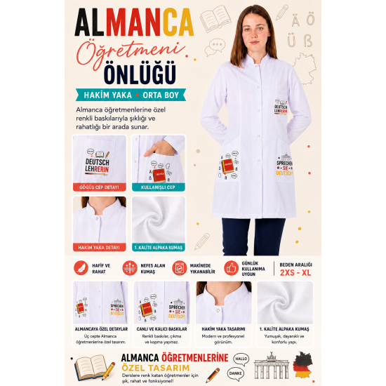 Almanca öğretmeni kadın önlüğü orta boy alpaka 1. kalite beyaz önlük baskılı Almanca öğretmeni kadın önlüğü orta boy alpaka 1. kalite beyaz önlük baskılı