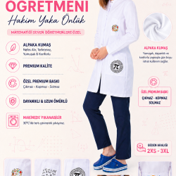 Kadın matematik öğretmen önlüğü alpaka 1. kalite beyaz baskılı öğretmenler için hakim yaka önlük