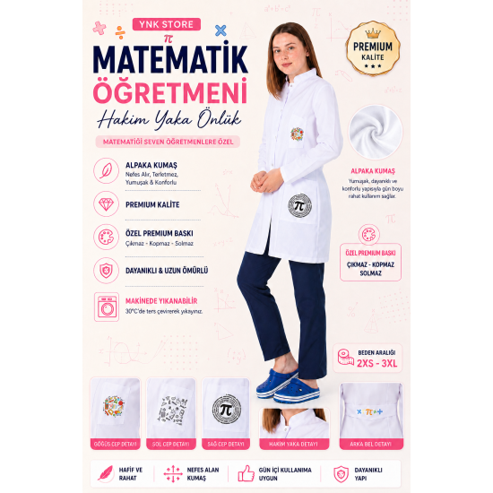 Kadın matematik öğretmen önlüğü alpaka 1. kalite beyaz baskılı öğretmenler için hakim yaka önlük