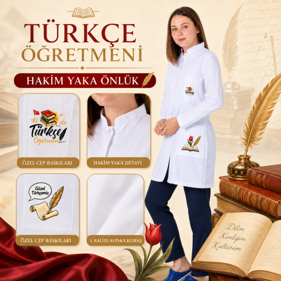 Kadın türkçe öğretmen önlüğü alpaka 1. kalite beyaz baskılı öğretmenler için önlük Kadın türkçe öğretmen önlüğü alpaka 1. kalite beyaz baskılı öğretmenler için önlük