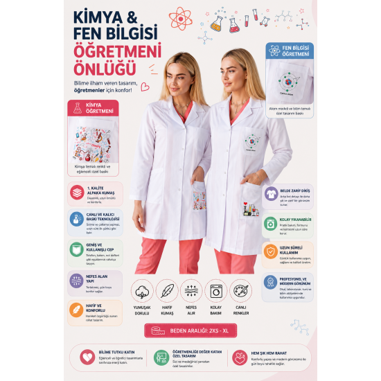 Kimya öğretmeni önlüğü alpaka 1. kalite beyaz önlük baskılı Kimya öğretmeni önlüğü alpaka 1. kalite beyaz önlük baskılı
