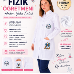 Fizik öğretmeni kadın önlüğü orta boy alpaka 1. kalite beyaz önlük baskılı 