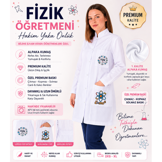 Fizik öğretmeni kadın önlüğü orta boy alpaka 1. kalite beyaz önlük baskılı