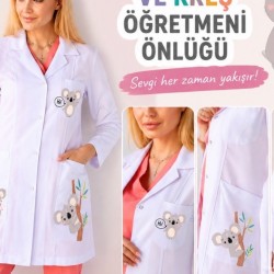 Okul öncesi öğretmen önlüğü alpaka 1. kalite beyaz baskılı kreş önlük koala