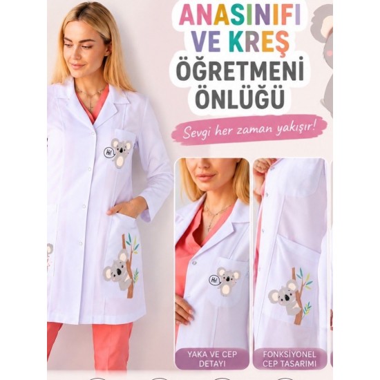 Okul öncesi öğretmen önlüğü alpaka 1. kalite beyaz baskılı kreş önlük koala Okul öncesi öğretmen önlüğü alpaka 1. kalite beyaz baskılı kreş önlük koala