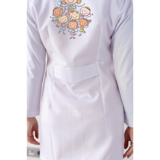 Okul öncesi öğretmen önlüğü alpaka 1. kalite beyaz baskılı kreş önlük