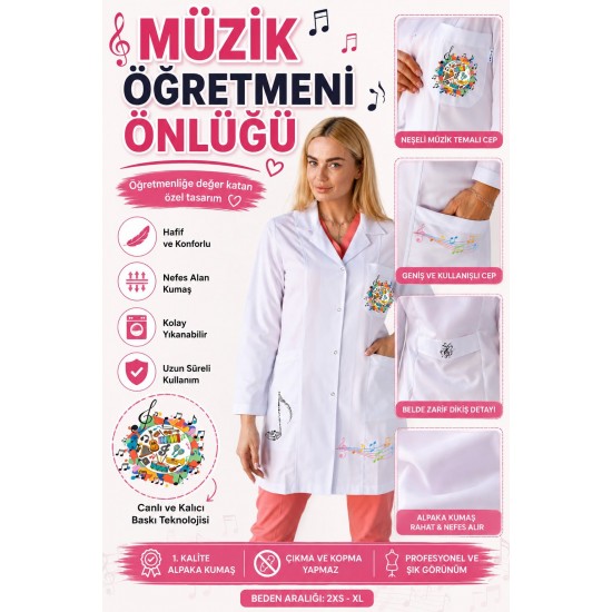 Müzik öğretmeni önlüğü alpaka 1. kalite beyaz önlük baskılı