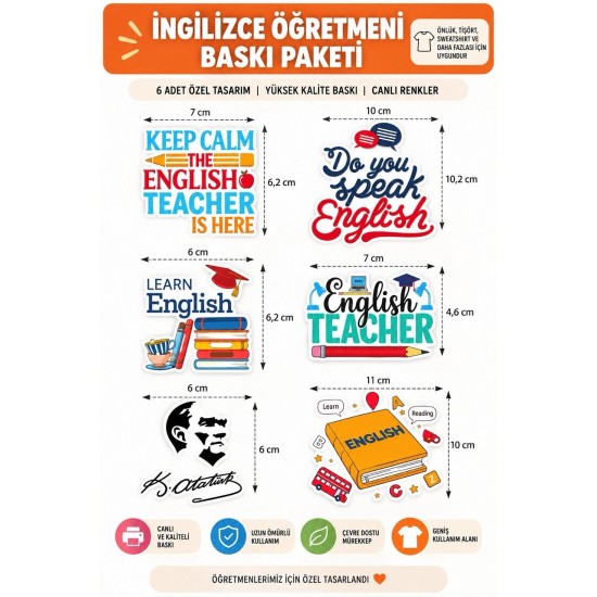 İngilizce Öğretmeni 6’lı Baskı Paketi – Önlük, Tişört ve Sweatshirt Ütü Baskıları
