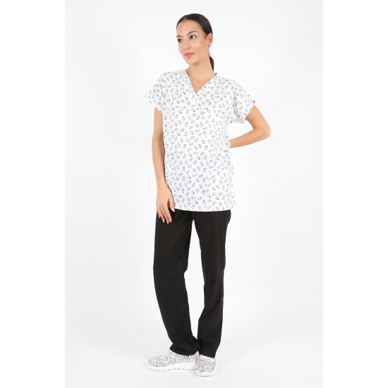 Beyaz Diş Desenli Likralı (Esnek) Greys (Yarasa Kol) Cerrahi Takım