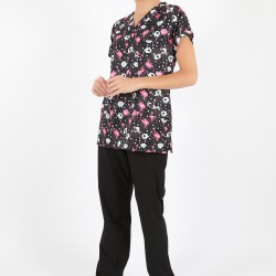 Pembe Fil Desenli Likralı (Esnek) Greys (Yarasa Kol) Cerrahi Takım