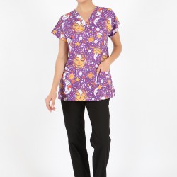 Mor Güneş Ay Desenli Likralı (Esnek) Greys (Yarasa Kol) Cerrahi Takım