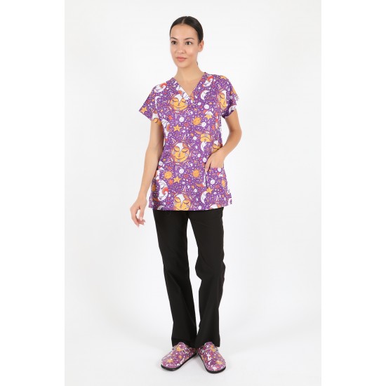 Mor Güneş Ay Desenli Likralı (Esnek) Greys (Yarasa Kol) Cerrahi Takım