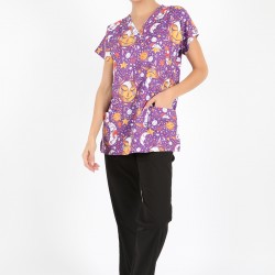 Mor Güneş Ay Desenli Likralı (Esnek) Greys (Yarasa Kol) Cerrahi Takım