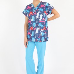 Renkli Kedi Desenli Likralı (Esnek) Greys (Yarasa Kol) Cerrahi Takım