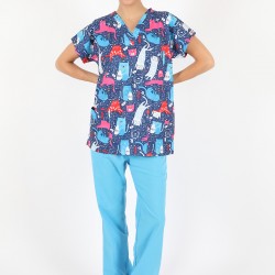 Renkli Kedi Desenli Likralı (Esnek) Greys (Yarasa Kol) Cerrahi Takım