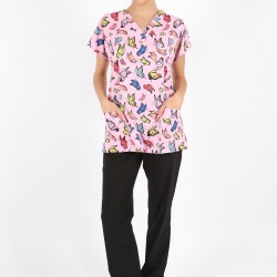 Renkli Kelebek Desenli Likralı (Esnek) Greys (Yarasa Kol) Cerrahi Takım