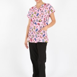 Renkli Kelebek Desenli Likralı (Esnek) Greys (Yarasa Kol) Cerrahi Takım