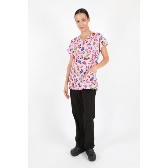 Renkli Kelebek Desenli Likralı (Esnek) Greys (Yarasa Kol) Cerrahi Takım