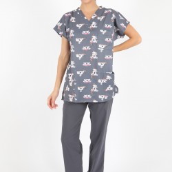 Koala Desenli Likralı (Esnek) Greys (Yarasa Kol) Cerrahi Takım