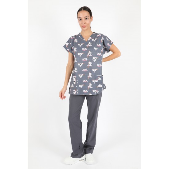 Koala Desenli Likralı (Esnek) Greys (Yarasa Kol) Cerrahi Takım