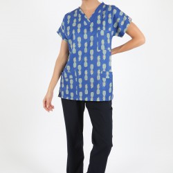 Mavi Ananas Desenli Likralı (Esnek) Greys (Yarasa Kol) Cerrahi Takım