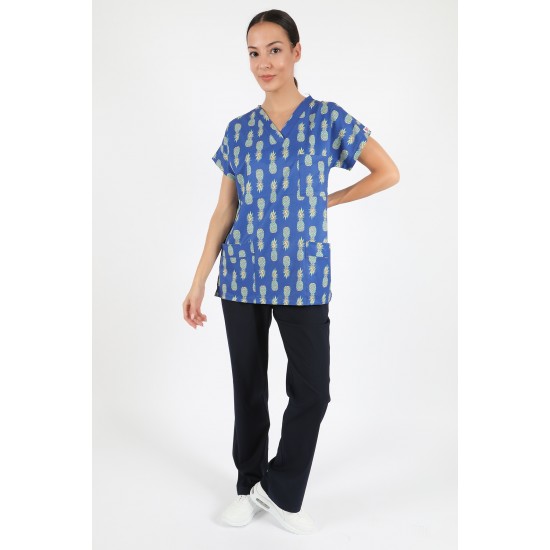 Mavi Ananas Desenli Likralı (Esnek) Greys (Yarasa Kol) Cerrahi Takım