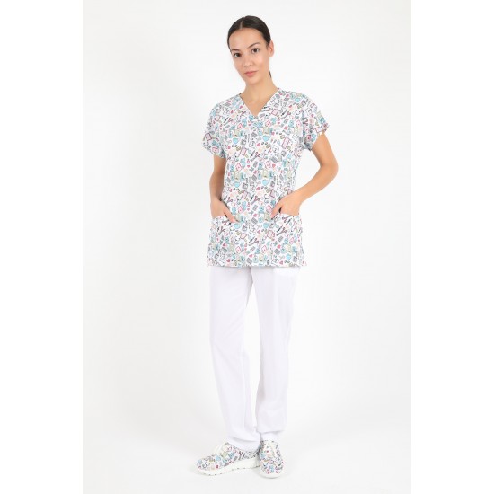 Beyaz Medikal Hastane Desenli Likralı (Esnek) Greys (Yarasa Kol) Cerrahi Takım