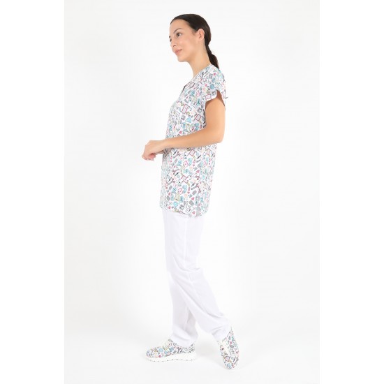 Beyaz Medikal Hastane Desenli Likralı (Esnek) Greys (Yarasa Kol) Cerrahi Takım
