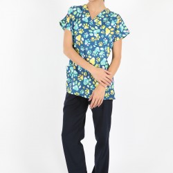 Sarı Pati Desenli Likralı (Esnek) Greys (Yarasa Kol) Cerrahi Takım