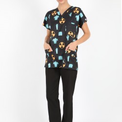 Siyah Radyasyon Desenli Likralı (Esnek) Greys (Yarasa Kol) Cerrahi Takım