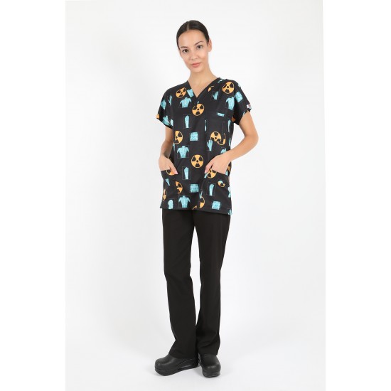 Siyah Radyasyon Desenli Likralı (Esnek) Greys (Yarasa Kol) Cerrahi Takım