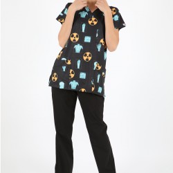 Siyah Radyasyon Desenli Likralı (Esnek) Greys (Yarasa Kol) Cerrahi Takım