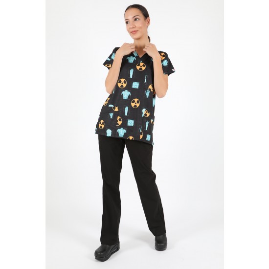 Siyah Radyasyon Desenli Likralı (Esnek) Greys (Yarasa Kol) Cerrahi Takım