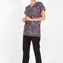 Renkli Sayı Desenli Likralı (Esnek) Greys (Yarasa Kol) Cerrahi Takım