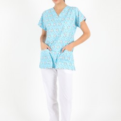 Turkuaz Diş Desenli Likralı (Esnek) Greys (Yarasa Kol) Cerrahi Takım