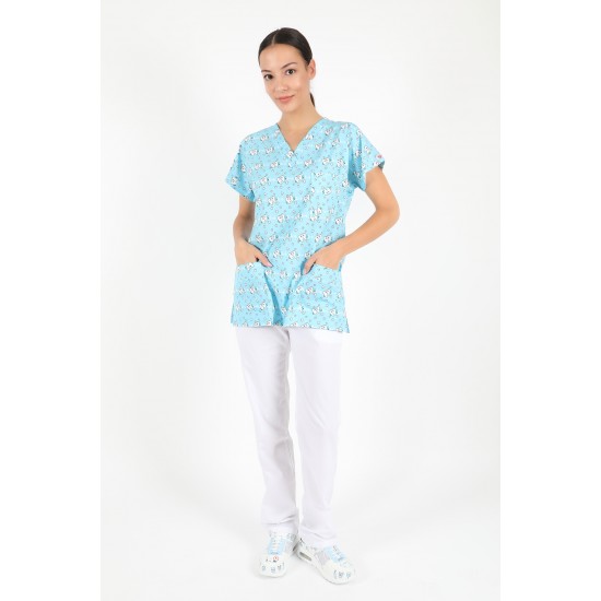 Turkuaz Diş Desenli Likralı (Esnek) Greys (Yarasa Kol) Cerrahi Takım