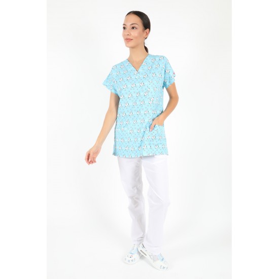 Turkuaz Diş Desenli Likralı (Esnek) Greys (Yarasa Kol) Cerrahi Takım