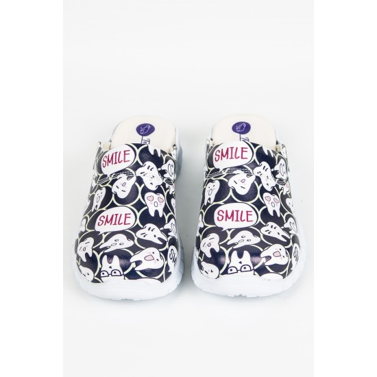 Cushy Ortopedik Lacivert Smile Diş Temalı Siyah Taban Sabo Terlik