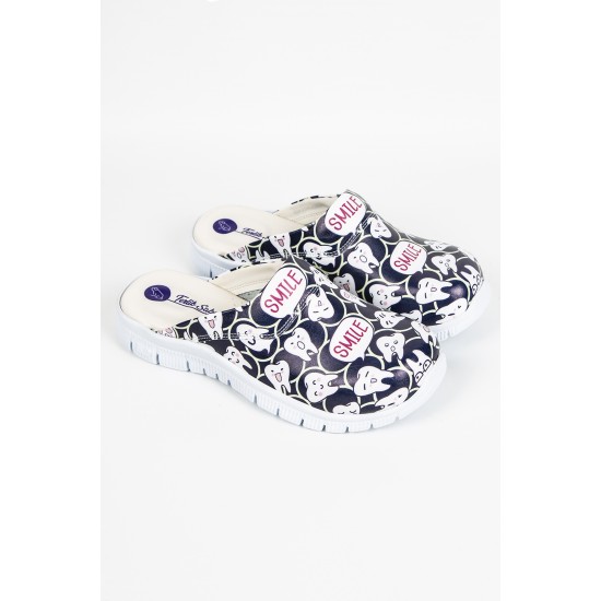Cushy Ortopedik Lacivert Smile Diş Temalı Siyah Taban Sabo Terlik
