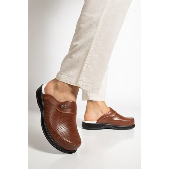 Erkek Kahverengi Hakiki Deri Klasik Sabo Terlik