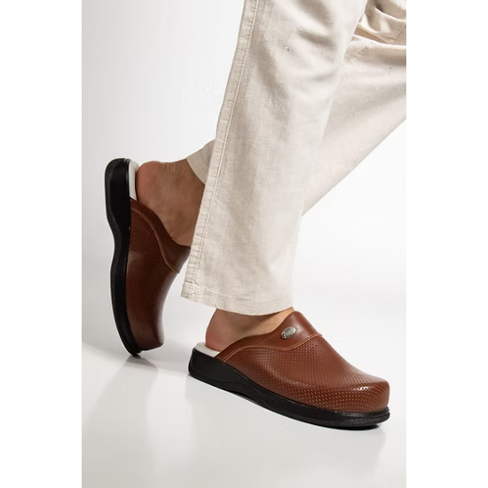 Erkek Kahverengi Hakiki Deri Klasik Sabo Terlik