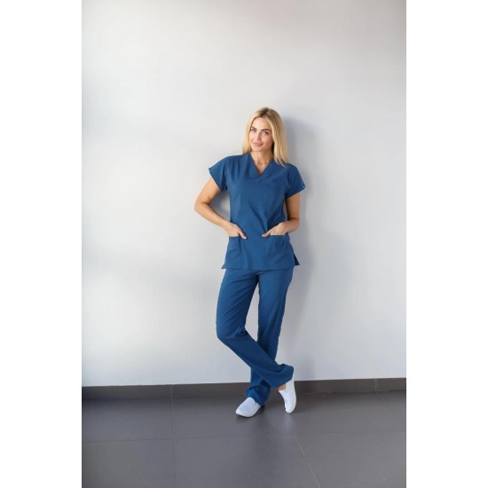 İndigo Mavi Likralı Forma Takım Flex Kumaş Scrubs